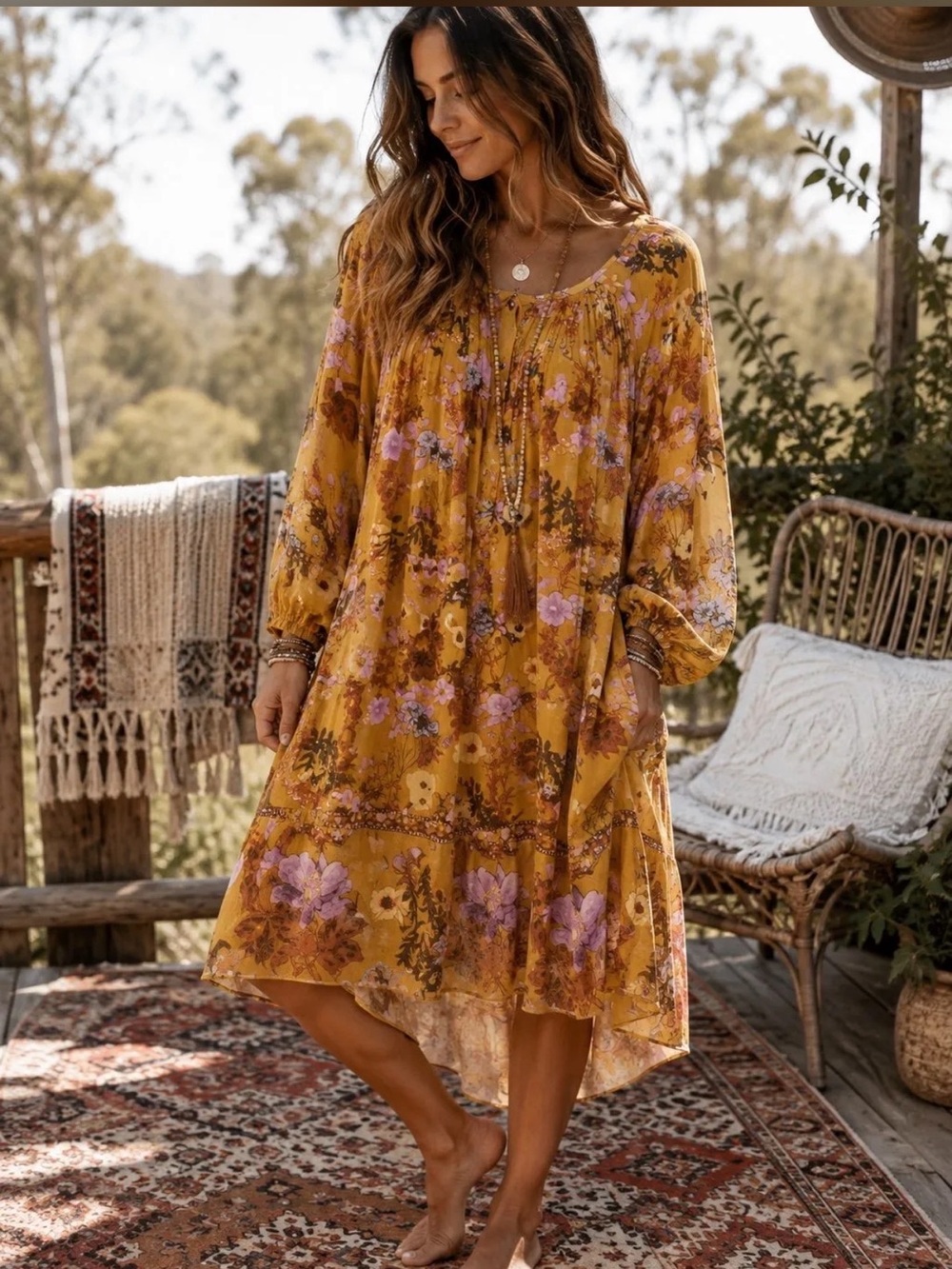 Aratta Silent Journey Floral Tunic Dress. Midi Length, Pleating at the Chest